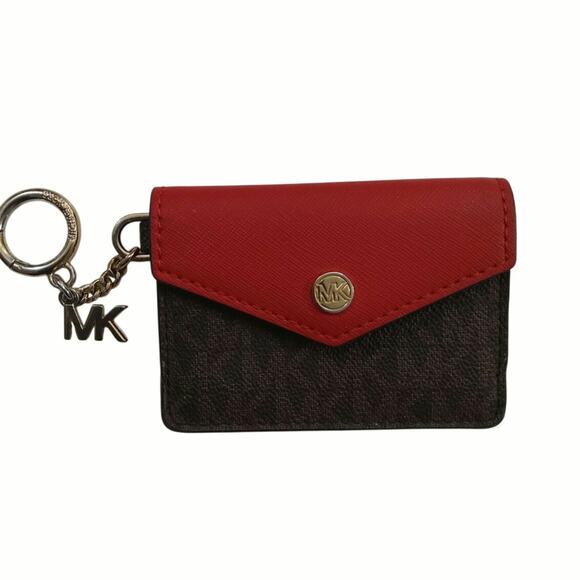 Michael Kors keychain Card Wallet flip snap red brown logo flap closure chic - Picture 1 of 7